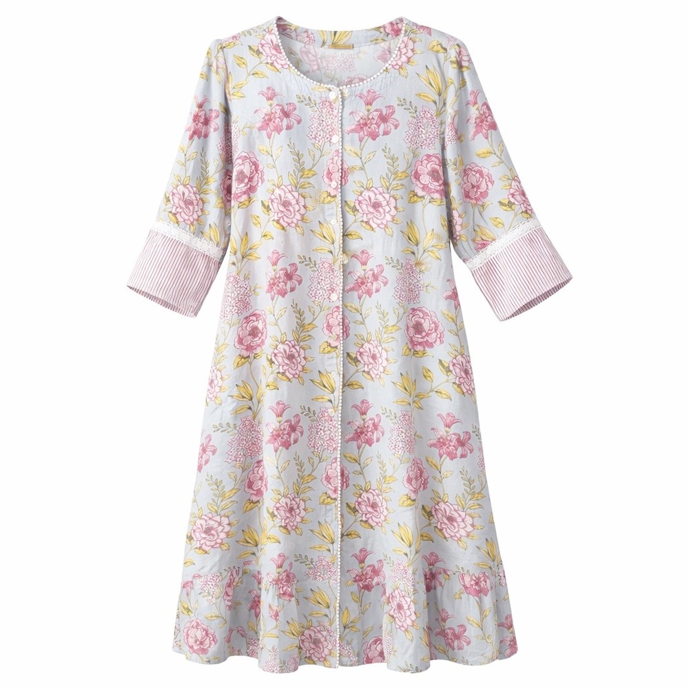 Utsa Cotton Flex Floral Kurti‎ Tunic Dress Blue Pink Button Front Pocket Size XL